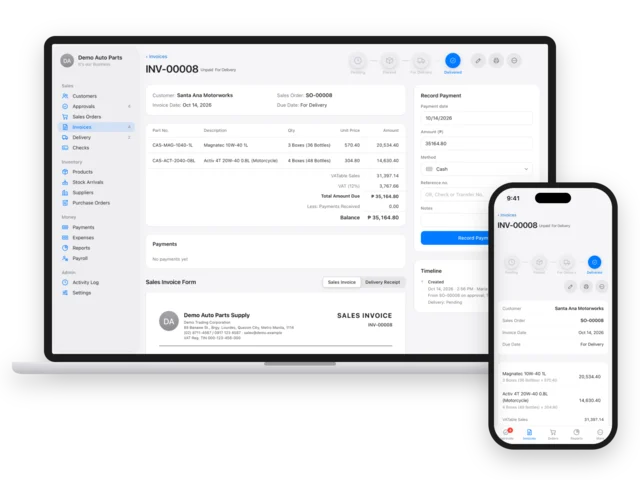 Distribution App on a Mac and an iPhone: an invoice with its delivery steps, items and balance