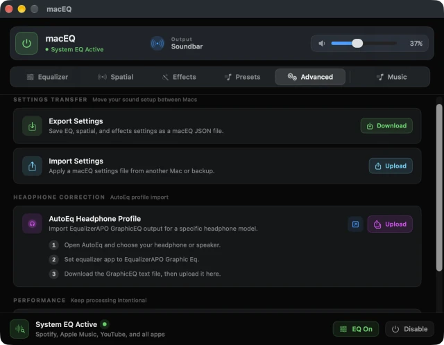 macEQ advanced settings with import, export, AutoEQ, low CPU mode, and spectrum analyzer controls