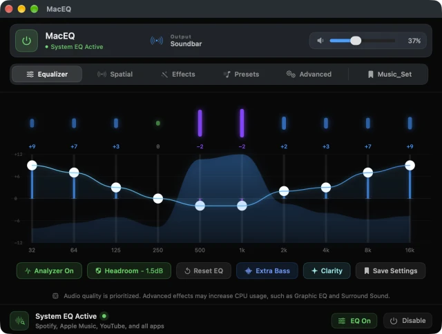 macEQ equalizer showing a live spectrum analyzer and a 10-band EQ curve