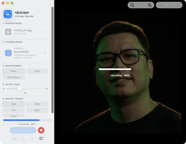 Upscape upscaling a portrait with the Nomos 8K model, showing progress at 89 percent