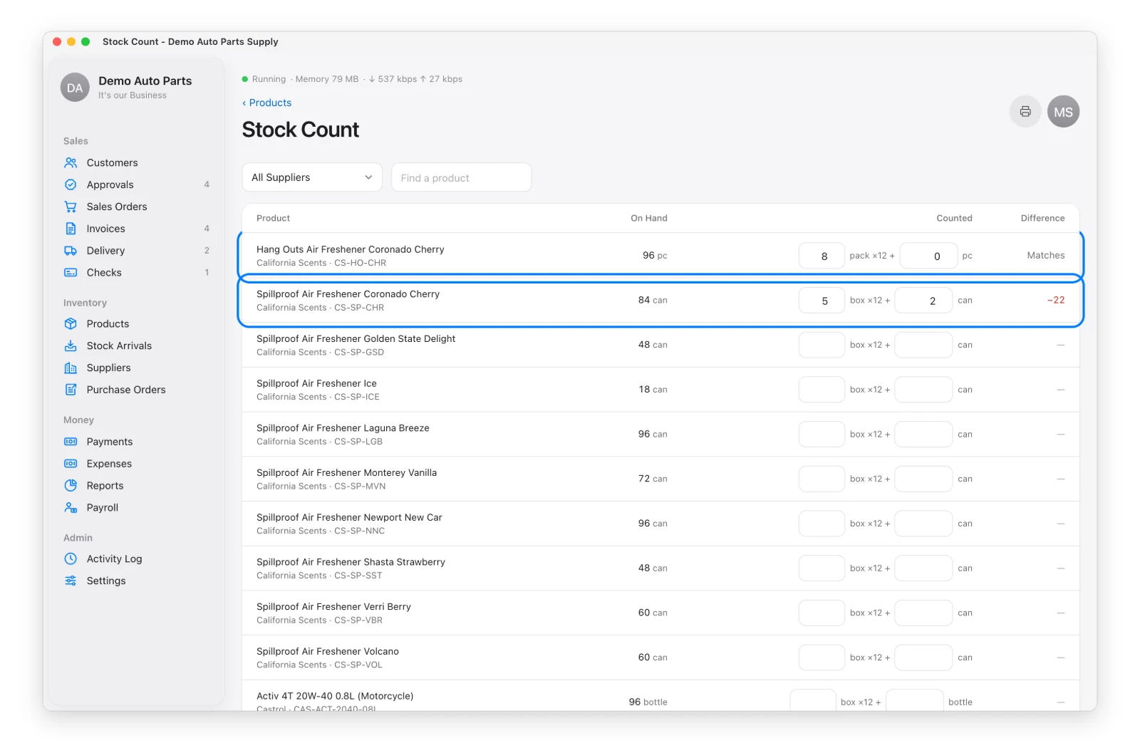 A few rows of the Stock Count page
