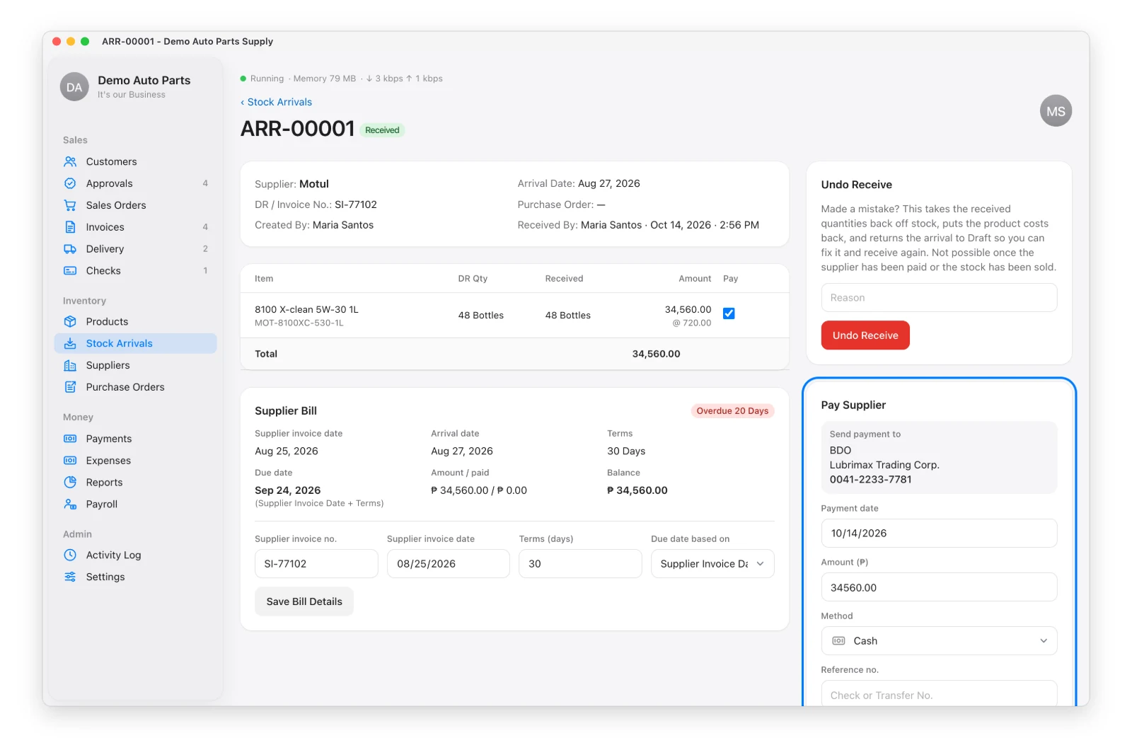 The Pay Supplier card on a stock arrival