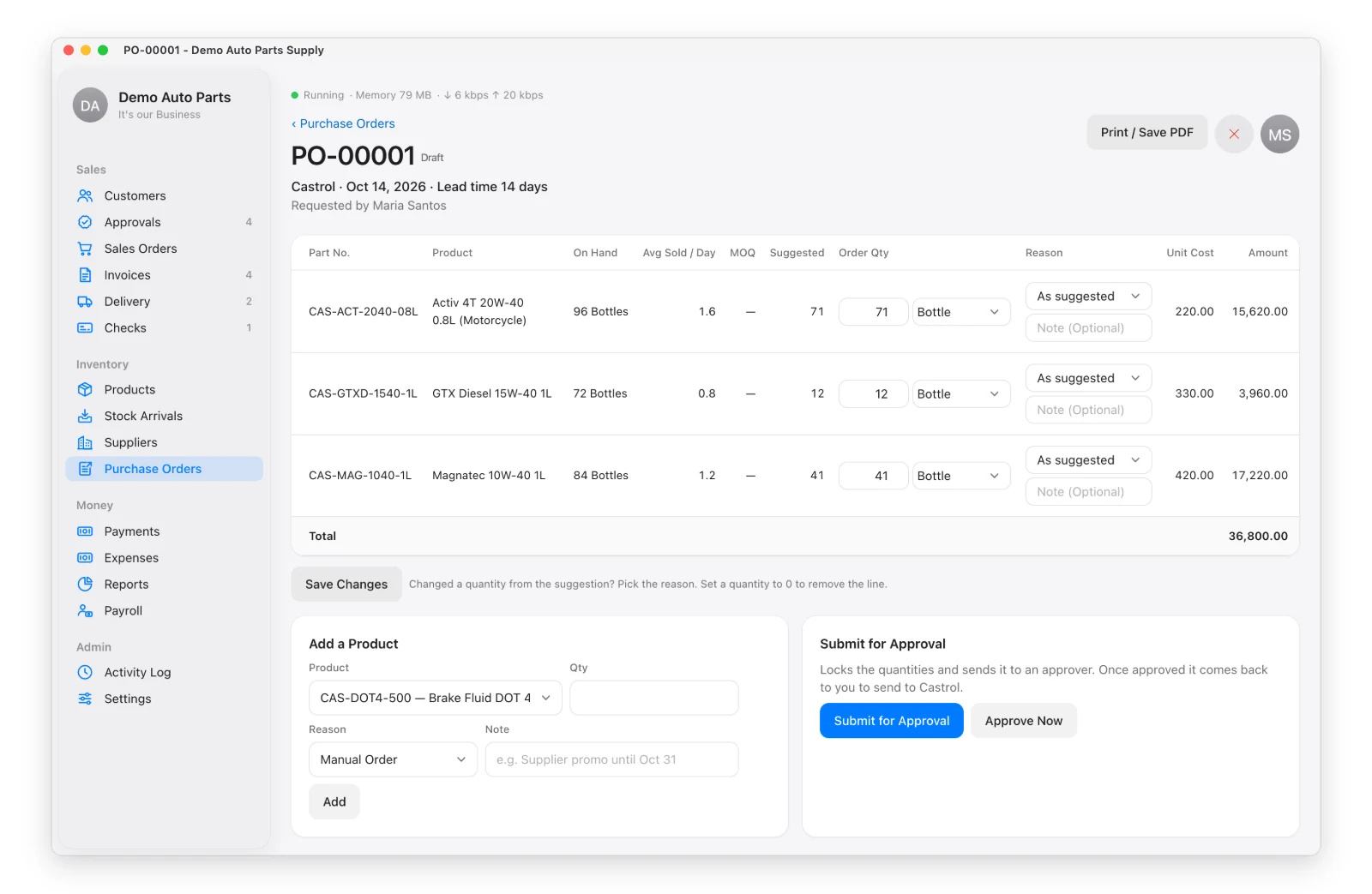 A few lines of a suggested purchase order