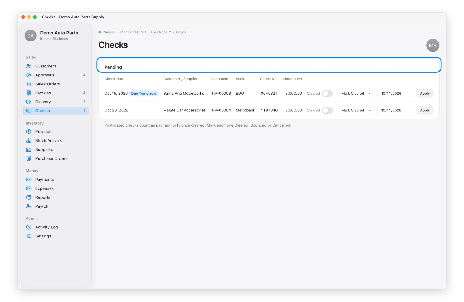 Pending checks on the Checks page