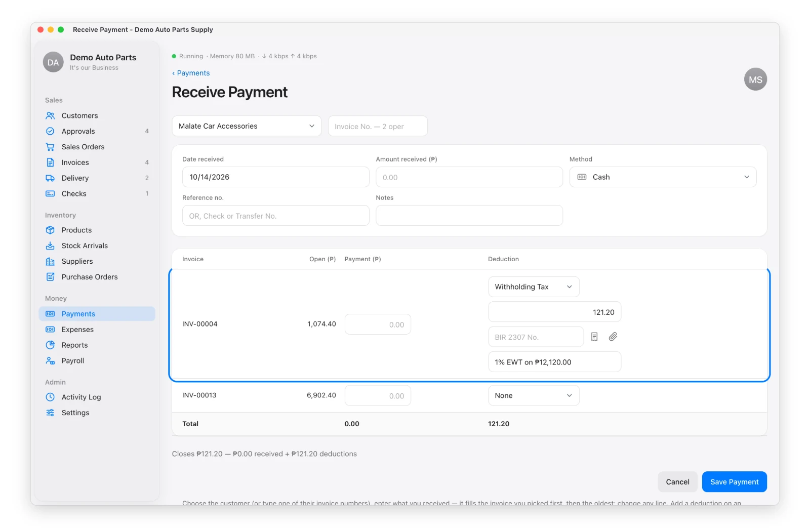 A deduction on one invoice line of Receive Payment