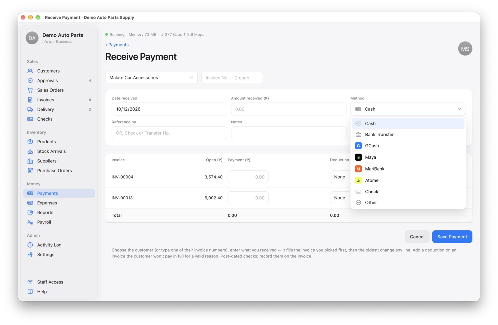 The Receive Payment page