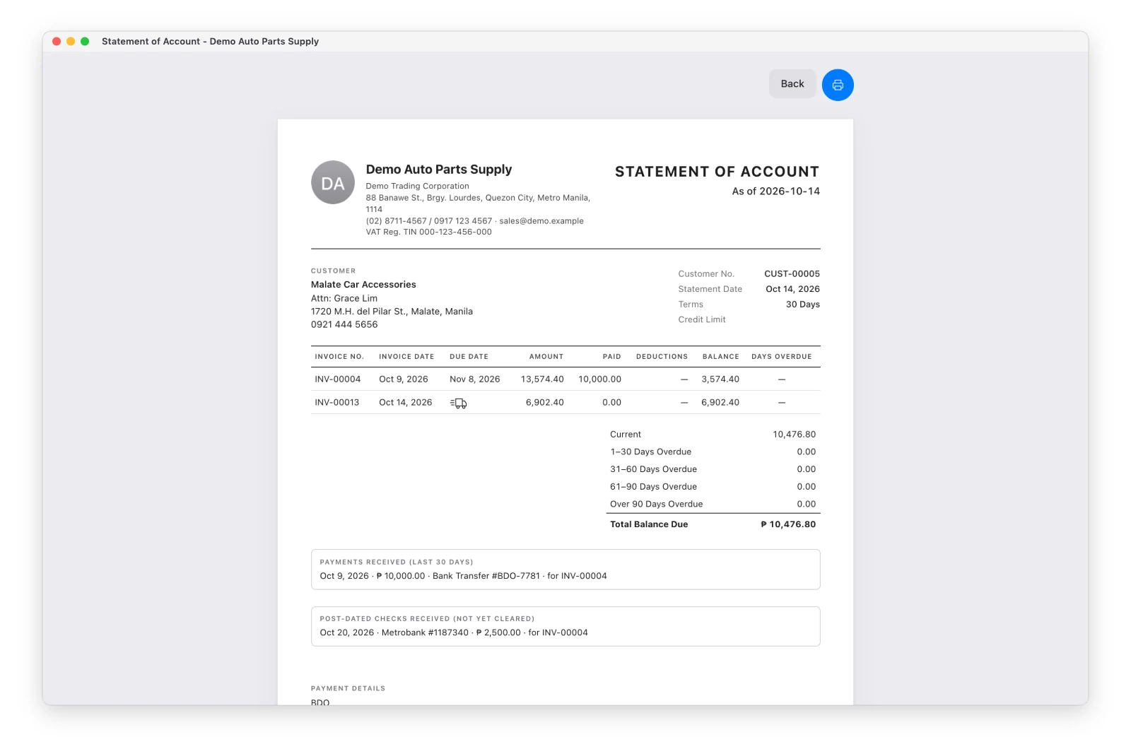 The top of a Statement of Account