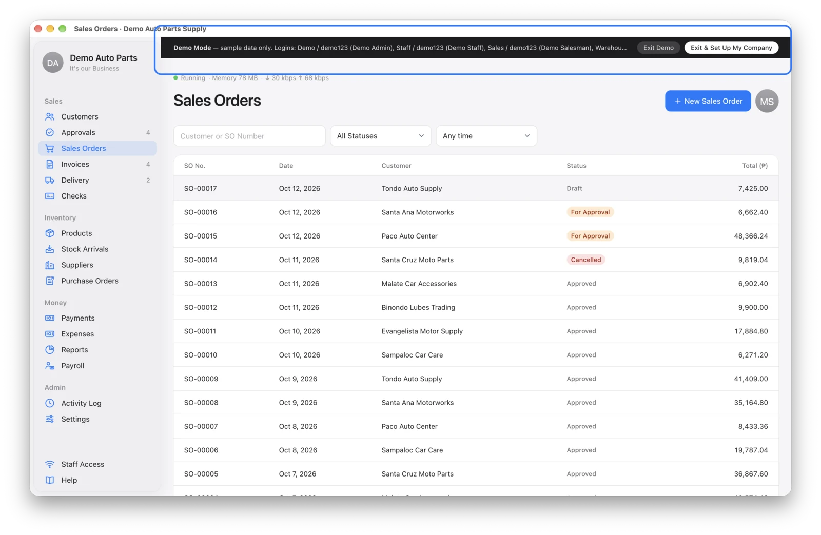 The demo bar at the top of the page
