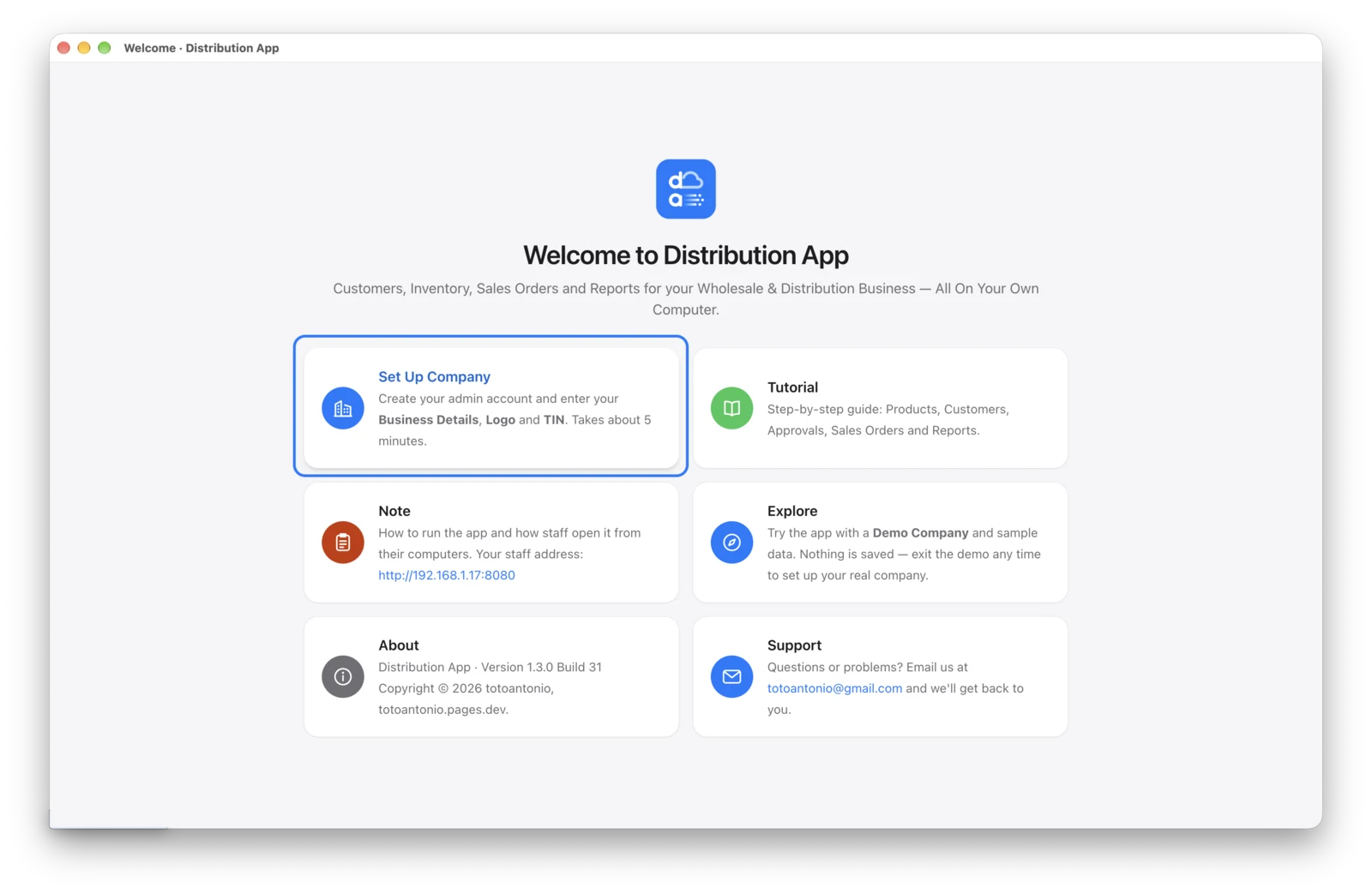 The Welcome screen — Set Up Company