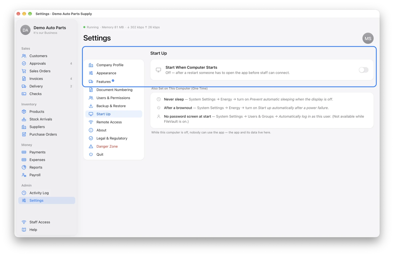 Settings → Start Up