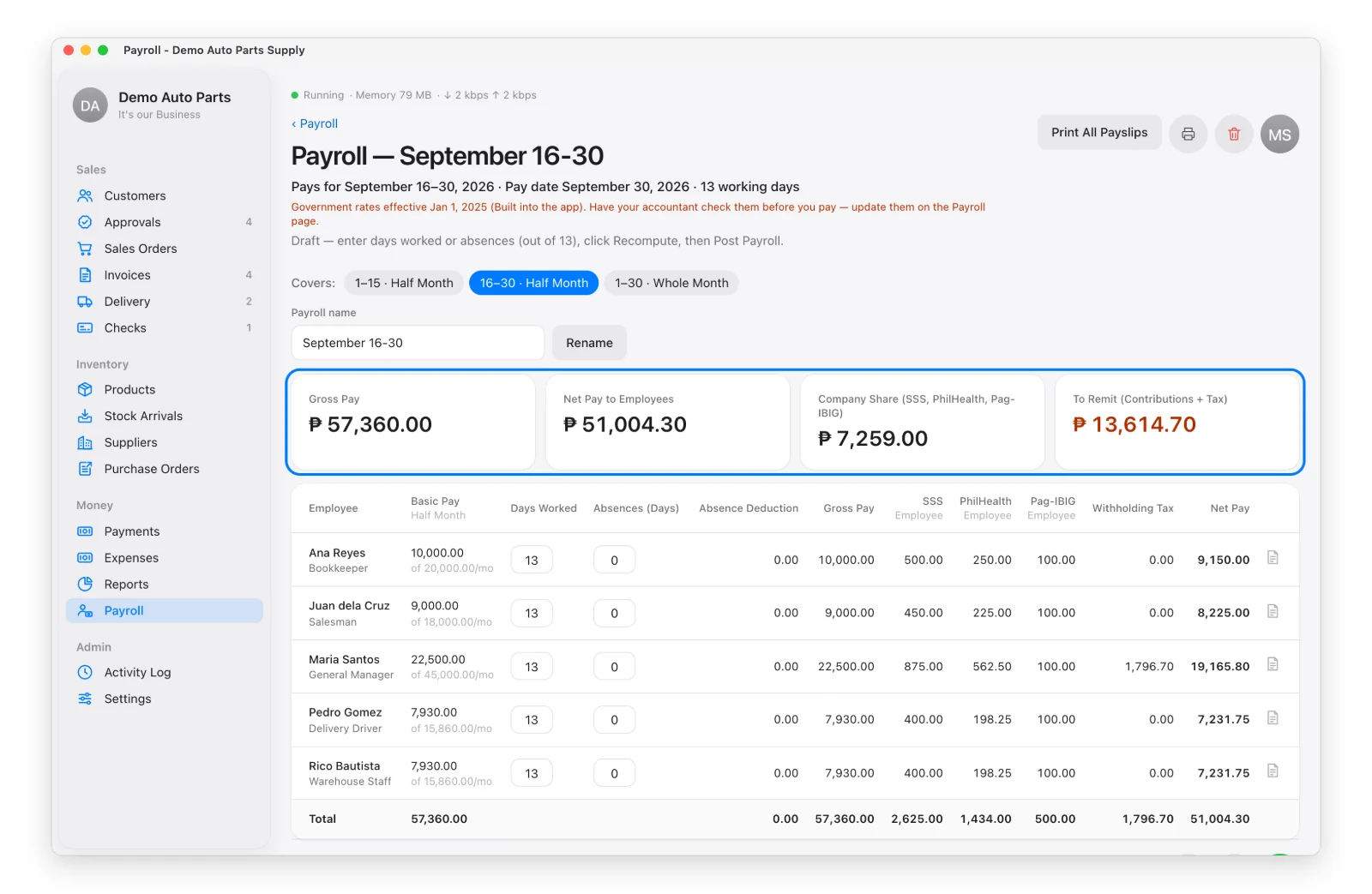 One payroll run with its totals