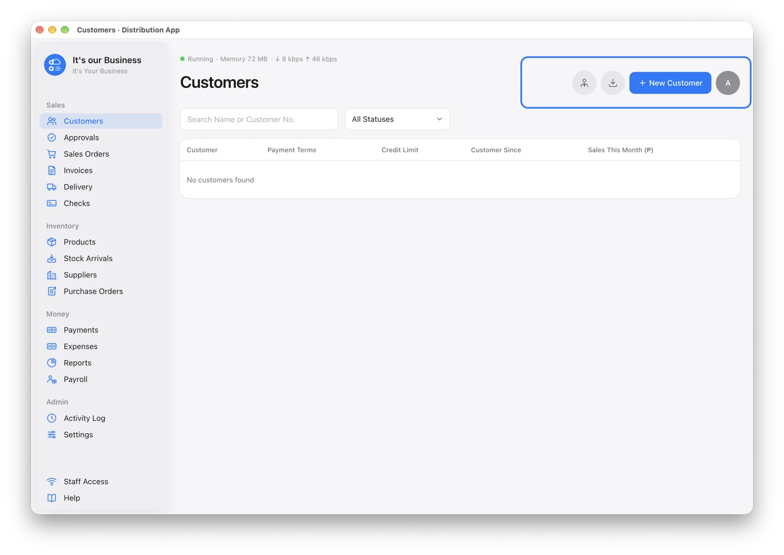 The Customers page, with the New Customer button at the top right