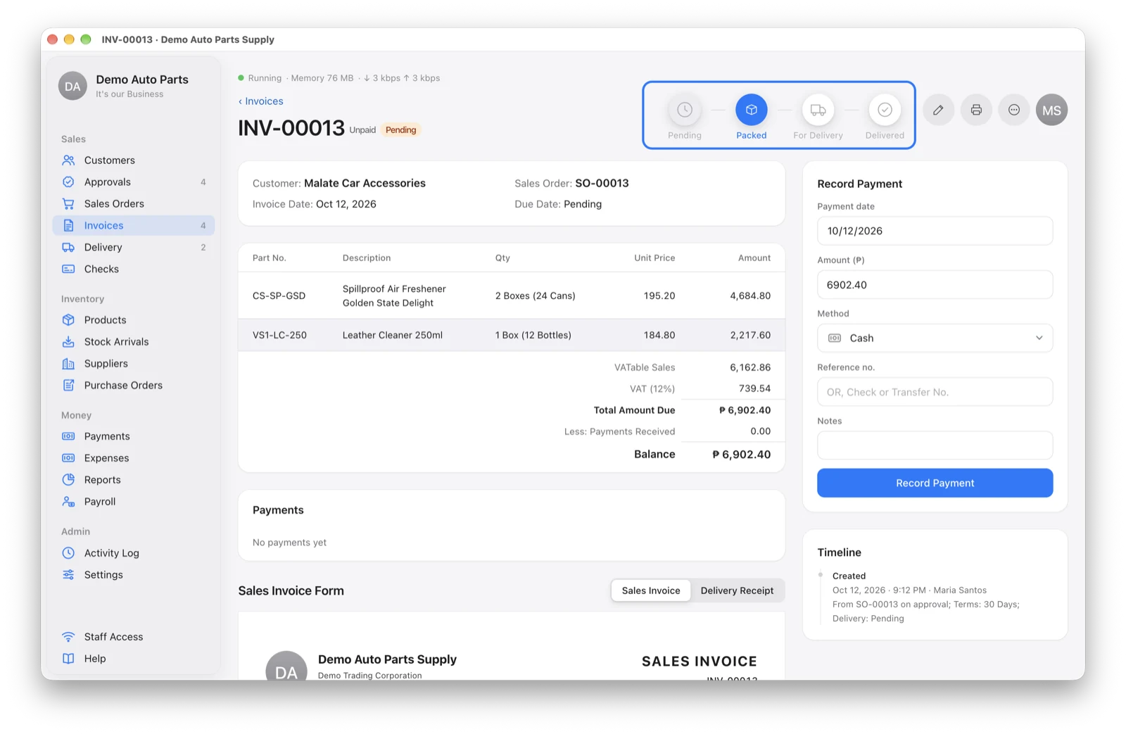 The delivery steps at the top of an invoice