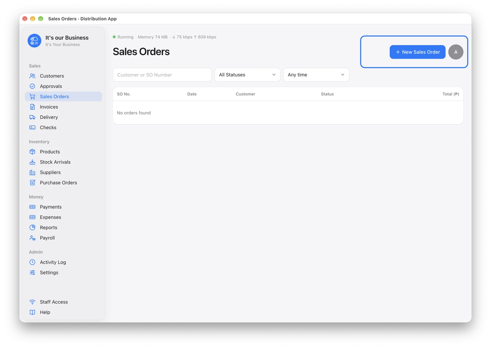 The Sales Orders page, with the New Sales Order button at the top right