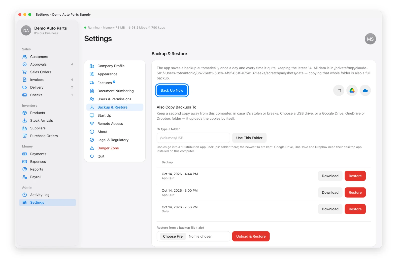 The backup list in Settings → Backup & Restore