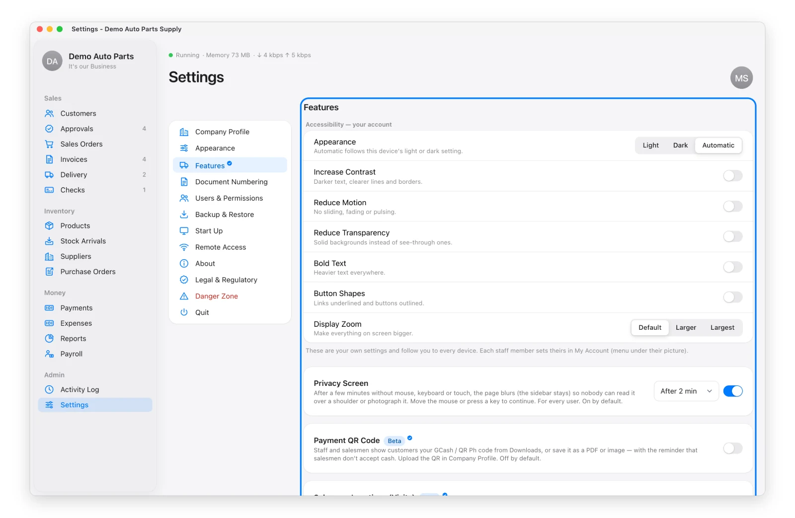 The switches in Settings → Features