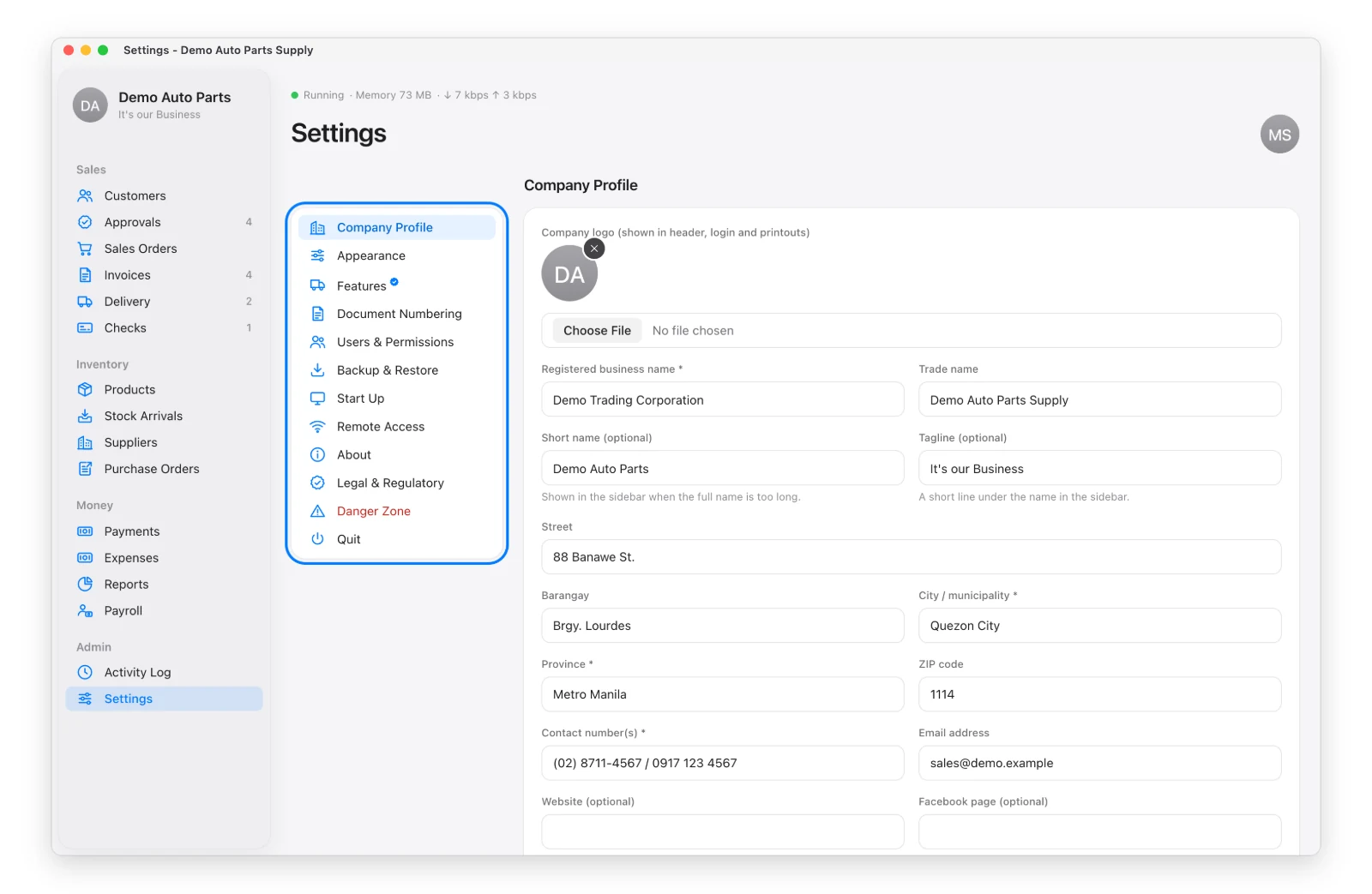 The Settings menu